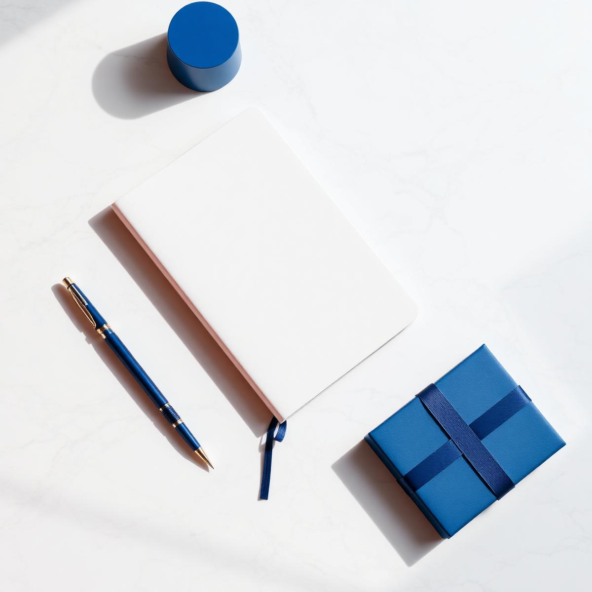 Brindes corporativos premium da Avez Promocional: caderno, caneta e caixa de presente em tons de azul